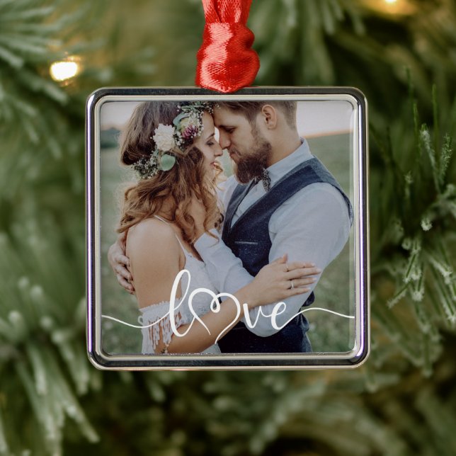 Love Calligraphy Heart Photo Metal Ornament (Tree)