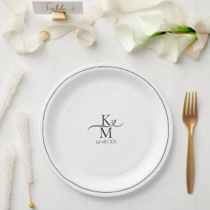 Love Calligraphy Initials Heart Black B&W ID940 Paper Plates