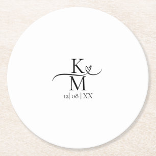 Love Calligraphy Initials Heart Black B&W ID940 Round Paper Coaster