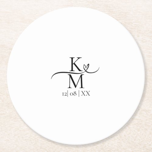 Love Calligraphy Initials Heart Black BW ID940 Round Paper Coaster