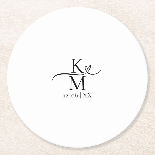 Love Calligraphy Initials Heart Black B&W ID940 Round Paper Coaster (Front)