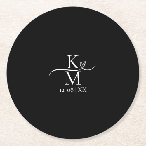 Love Calligraphy Initials Heart White BW ID940 Round Paper Coaster