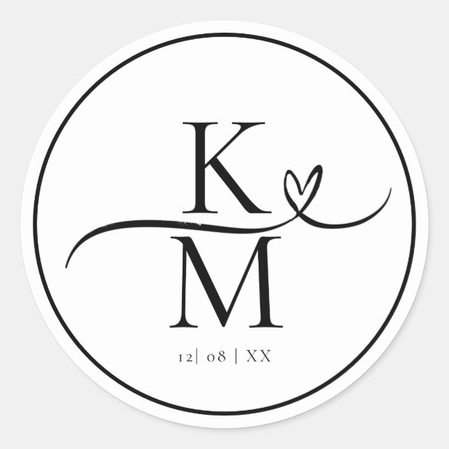 Love Calligraphy Initials Swash Heart Black ID940 Classic Round Sticker (Front)