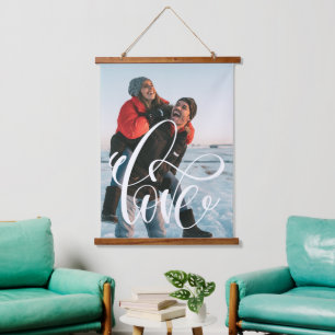 LOVE Calligraphy Script Couple Photo Stylish Hanging Tapestry