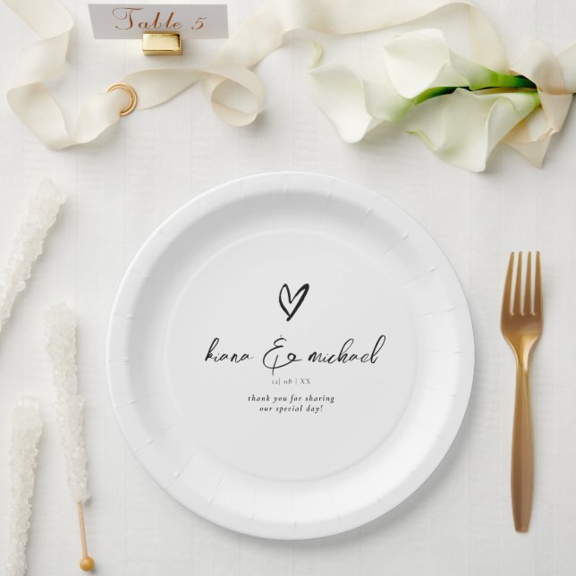 Love Calligraphy Thank You Heart Black B&W ID940 Paper Plates (Wedding)