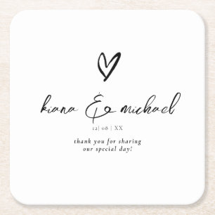 Love Calligraphy Thank You Heart Black B&W ID940 Square Paper Coaster