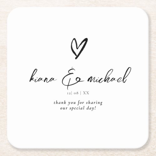Love Calligraphy Thank You Heart Black BW ID940 Square Paper Coaster
