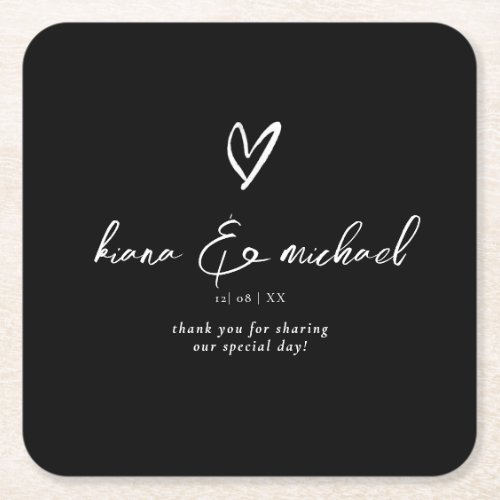 Love Calligraphy Thank You Heart Wht BW ID940 Square Paper Coaster