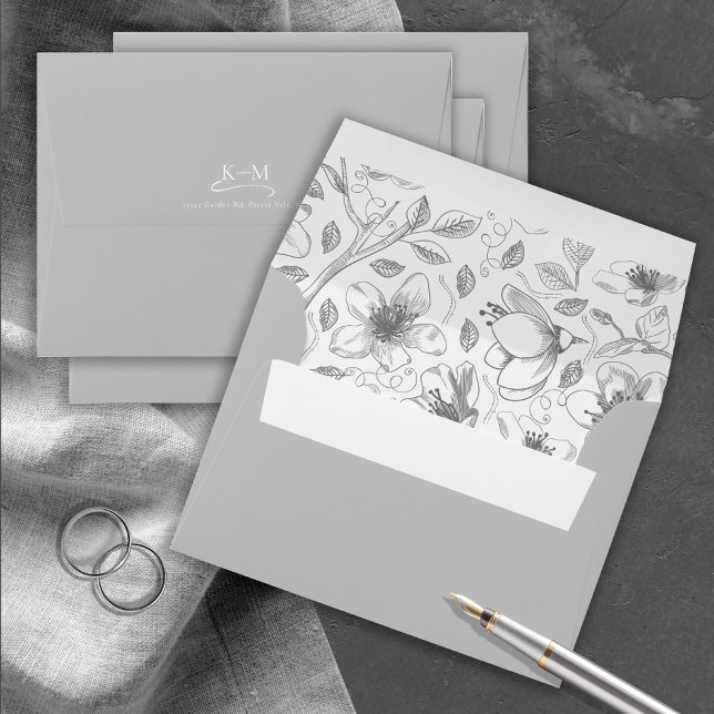 Love Calligraphy Wedding Floral Pattern Gray ID940 Envelope (Interior/Back In Situ)