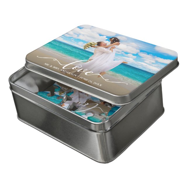 Love Calligraphy Wedding Photo Acrylic Jigsaw Puzzle (Lid Open)