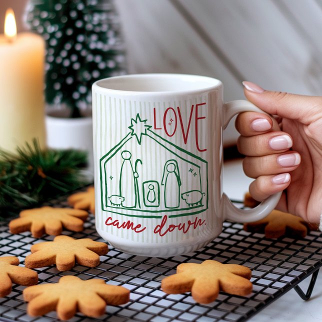 Love Came Down Hand Drawn Manger CHRISTmas Photo Coffee Mug (Cute Love Came Down Jesus Merry CHRISTmas hand drawn manger nativity Christian Christmas mug gift)