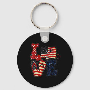 Love Camping Usa Flag 4th Of July Flip Flop Camper Keychain