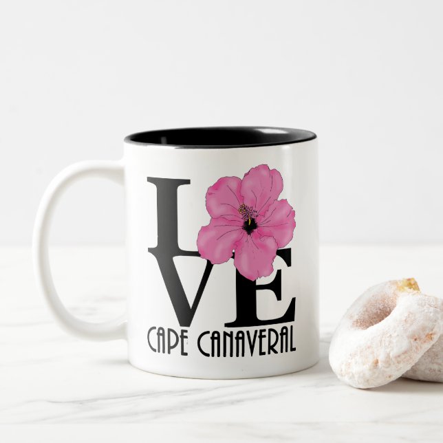 LOVE Cape Canaveral Pink Hibiscus 11oz Two-Tone Coffee Mug (With Donut)