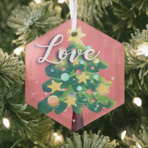 Love Caption Carton Christmas Tree Pink  Metal Orn Glass Ornament