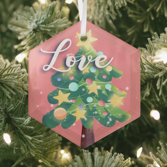 Love Caption Carton Christmas Tree Pink  Metal Orn Glass Ornament (Insitu)
