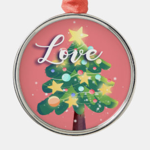 Love Caption Carton Christmas Tree Pink Metal Ornament