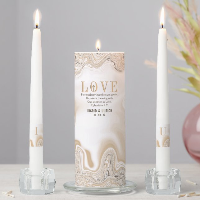Love Caramel Marble Swirl Scripture Ephesians 4:2 Unity Candle Set (In Situ)