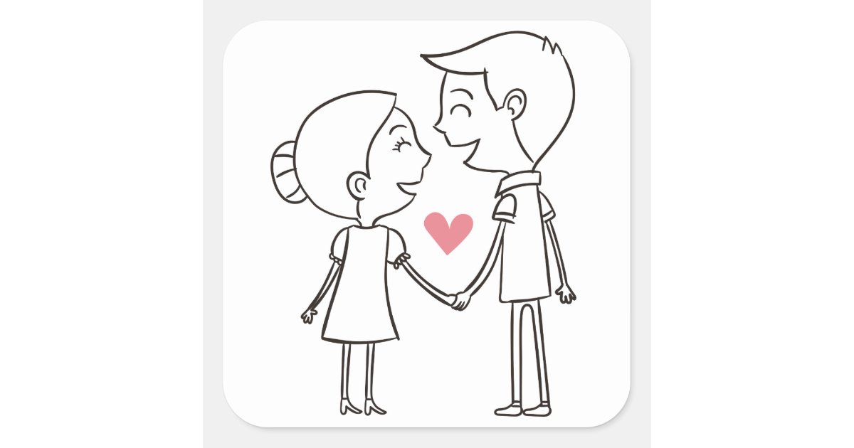Love Cartoon Bride And Groom Black & White Wedding Square Sticker | Zazzle