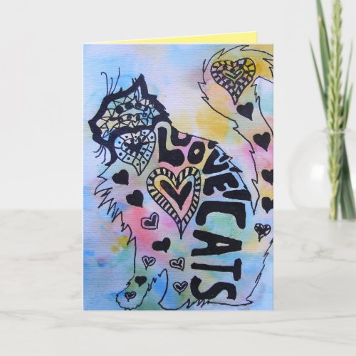 Love Cats Kitty Watercolour and Ink Birthday Card
