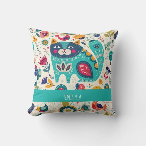 Love Cats Scandinavian Folk Art Flowers Birds Name Throw Pillow