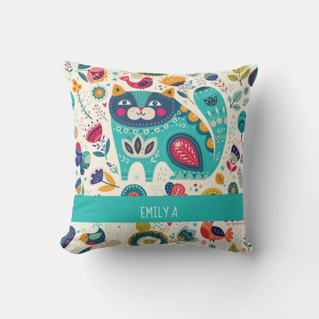 Love Cats Scandinavian Folk Art Flowers Birds Name Throw Pillow (Front)