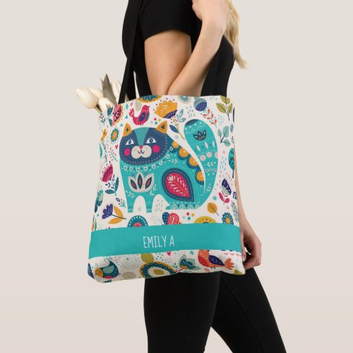 Love Cats Scandinavian Folk Art Flowers Birds Name Tote Bag