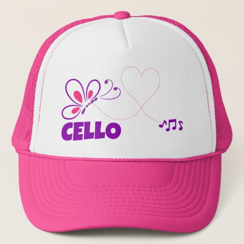 Love Cello Pink Purple Butterfly Heart Music Notes Trucker Hat