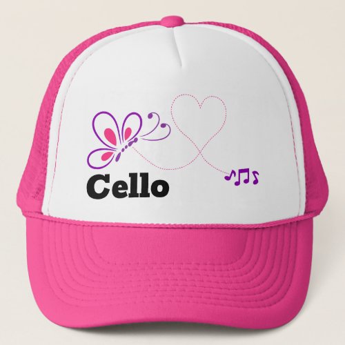 Love Cello Pink Purple Butterfly Heart Music Notes Trucker Hat