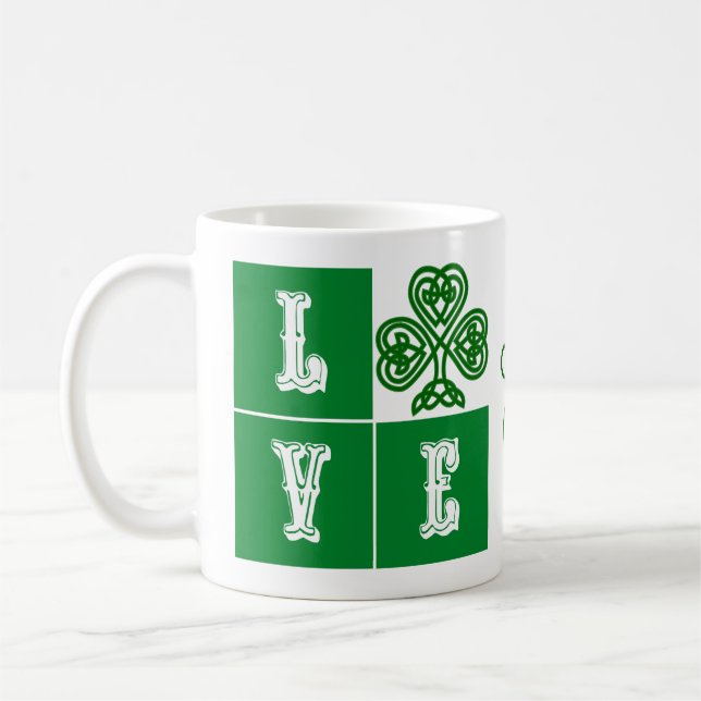 Love Celtic Shamrock Hearts Ireland Motto Coffee Mug (Left)