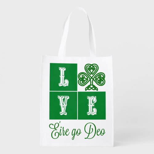 Love Celtic Shamrock Hearts Ireland Motto Reusable Grocery Bag
