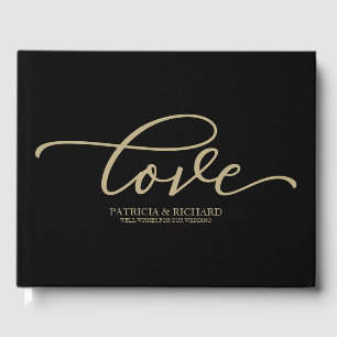 Love Chic Gold Script Black Wedding Guest Book