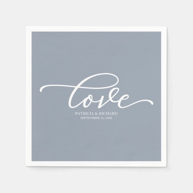 Love - Chic Script Dusty Blue Wedding Napkins (Front)