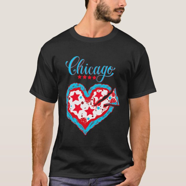 Love Chicago Pizza Heart Chicago Flag Gift T-Shirt (Front)