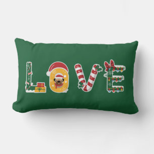 LOVE Christmas Holiday Candy Cane Mistletoe Puppy Lumbar Pillow