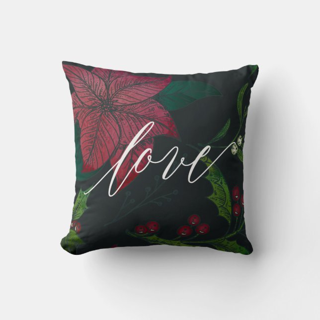 Love Christmas Holiday Spirit Poinsettia Painted Throw Pillow (Front)
