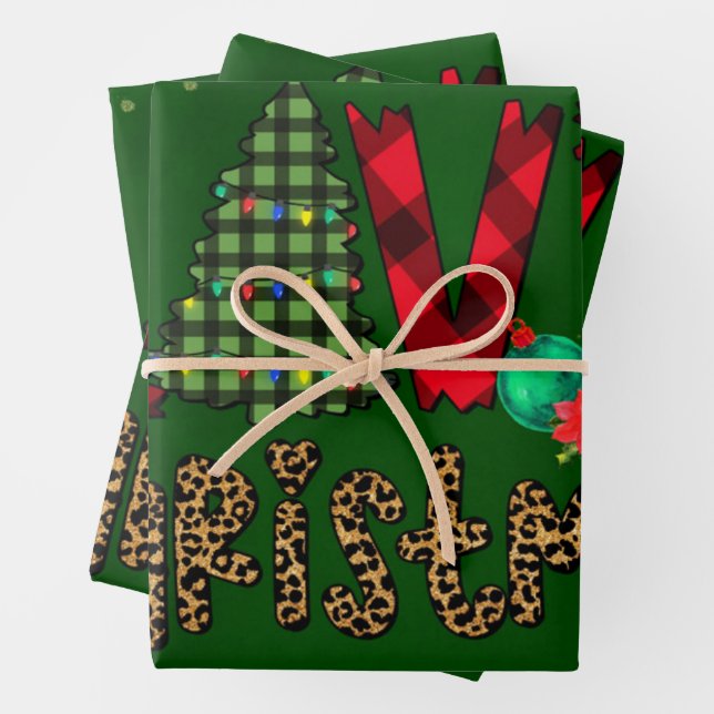 Love Christmas in Patterns and Leopard Print Wrapping Paper Sheets (In situ)