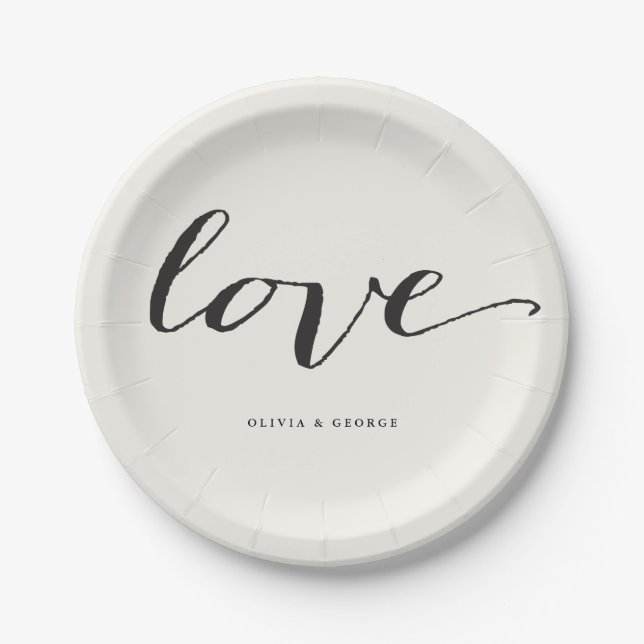 Love Classic Script Stylish Calligraphy Wedding Paper Plates (Front)