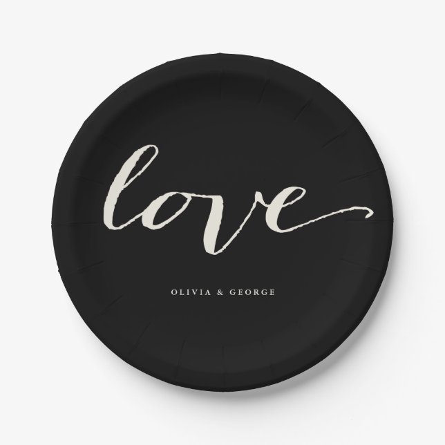Love Classic Script Stylish Calligraphy Wedding Paper Plates (Front)