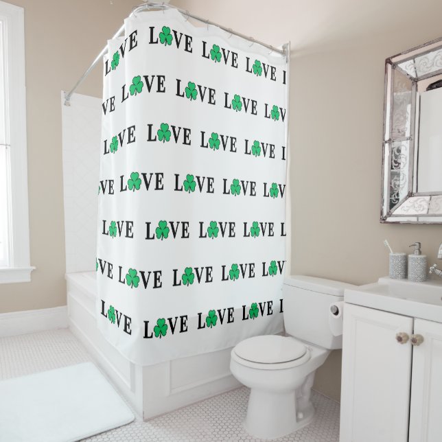 LOVE Clover Shamrock Ireland Irish Elegant White Shower Curtain (In Situ)