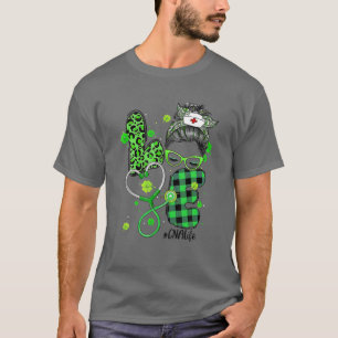 Love CNA Nurse Life Messy Bun Leopard Irish St Pat T-Shirt