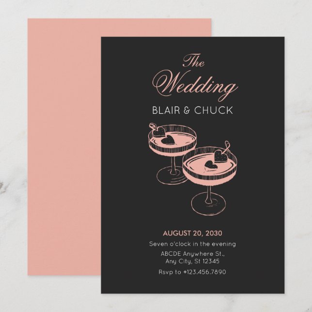 Love cocktail with hearts couple glasses wedding invitation (Front/Back)