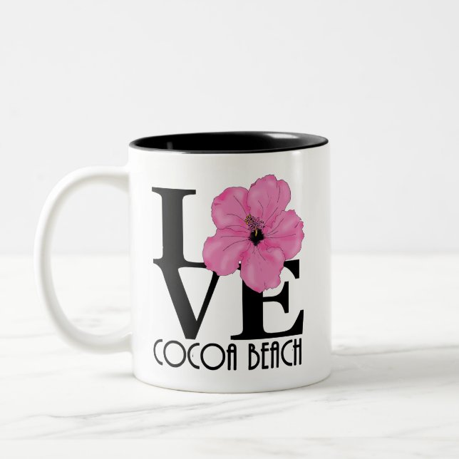 LOVE Cocoa Beach Pink Hibiscus 11oz Two-Tone Coffee Mug (Left)