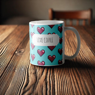 Love Coffee Fun Red Pixel Art Heart Pattern Mug