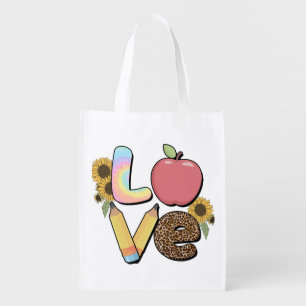 Love - Colorful Teacher Design with Apple & Pencil Grocery Bag