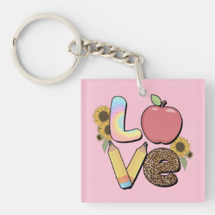 Love - Colorful Teacher Design with Apple & Pencil Keychain