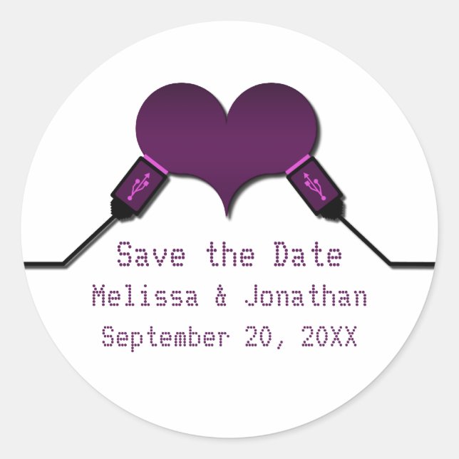 Love Connection USB Save the Date Stickers, Purple Classic Round Sticker (Front)