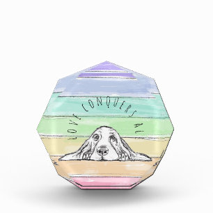 love conquers all dog rainbow basset hound   acrylic award