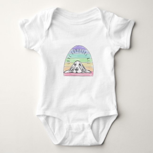 love conquers all dog rainbow basset hound  baby bodysuit (Front)