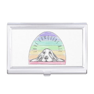 love conquers all dog rainbow basset hound business card case