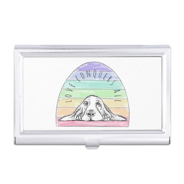 love conquers all dog rainbow basset hound   business card case (Front)